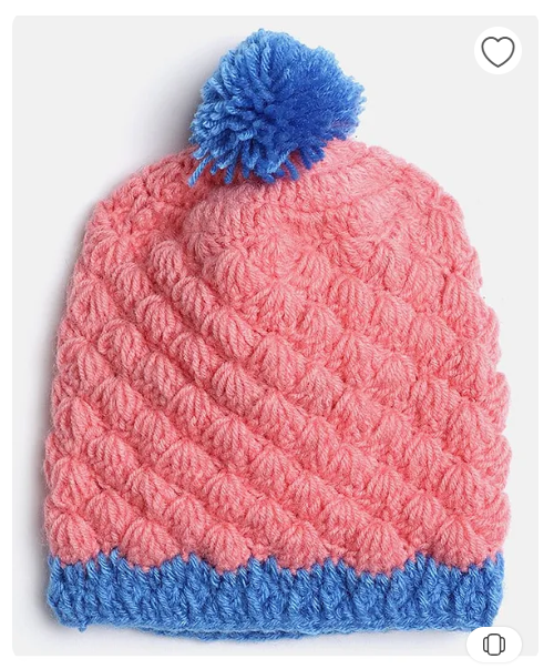 Hand Knitted Pompom Embellished & Crochet Designed Cap - Pink